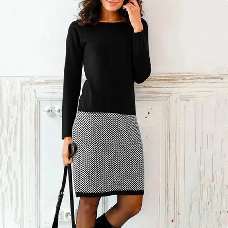 

Commute Fashion Houndstooth Printing Spliced Dresses Spring Female Clothing Elegant O-Neck Simplicity Long Sleeve Dress