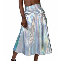 holographic skirt nightclub women dance long skirt silver stage performance pu