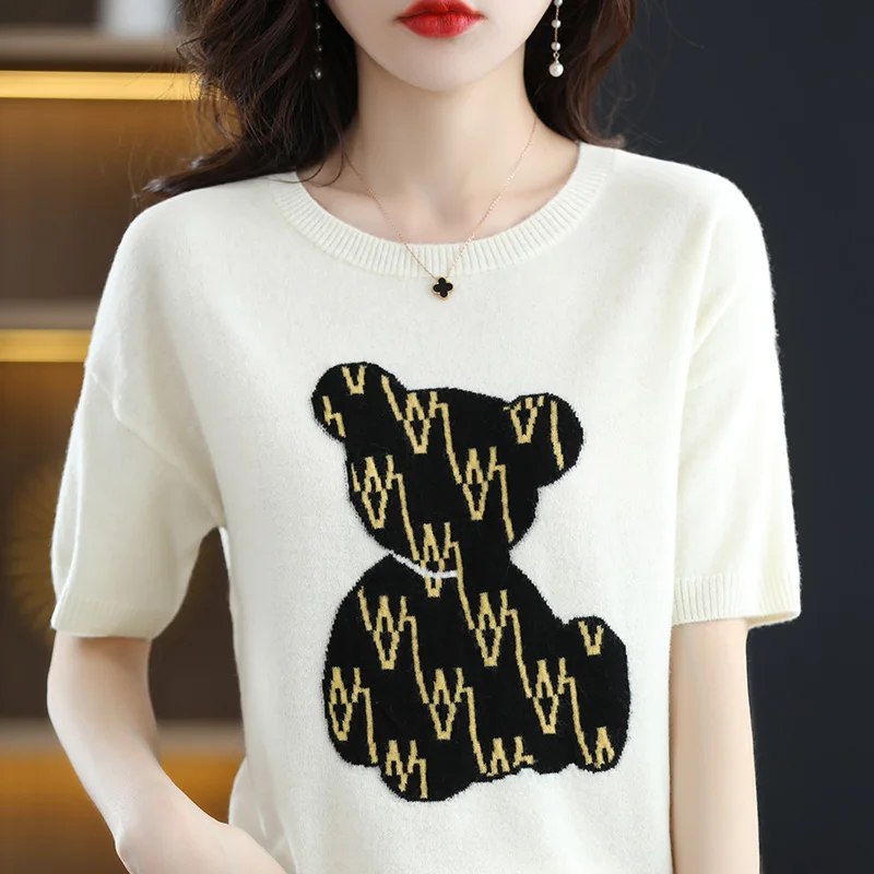 

20022Summer Bear Short Sleeves 100% Cotton Material Round Neck Loose Women's Fashion Plus Size Women's Pullover Short Sleeves