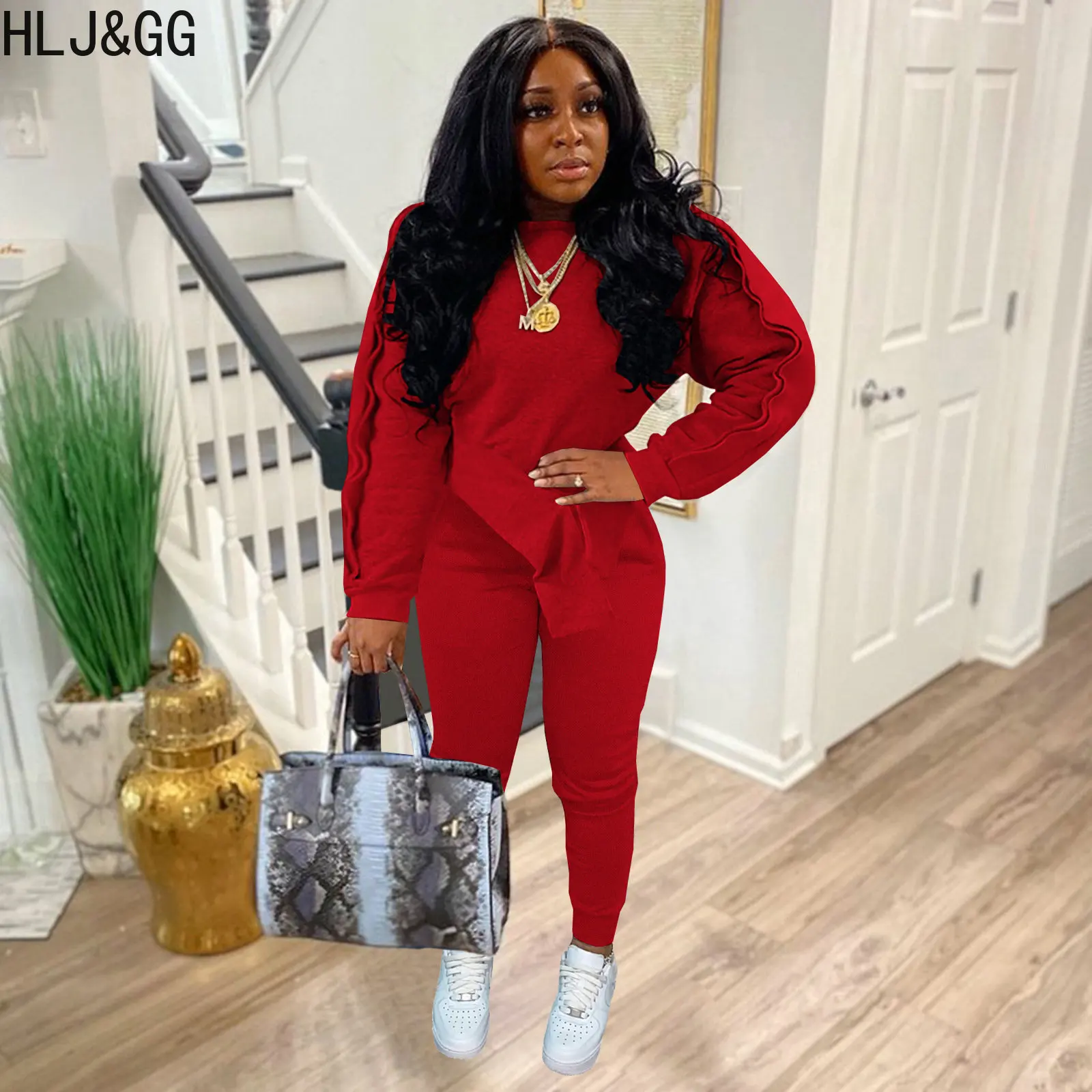 

HLJ&GG Fashion Irregular Patchwork Tracksuits Women Ruched Long Sleeve Top And Skinny Pants Two Piece Sets Casual Sport Outfits