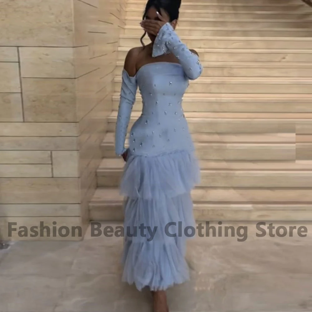 

Классическое женское вечернее платье до пола из тюля с открытыми плечами и оборками в несколько рядов, украшенное кристаллами, с открытой спиной, в стиле Саудовской Аравии