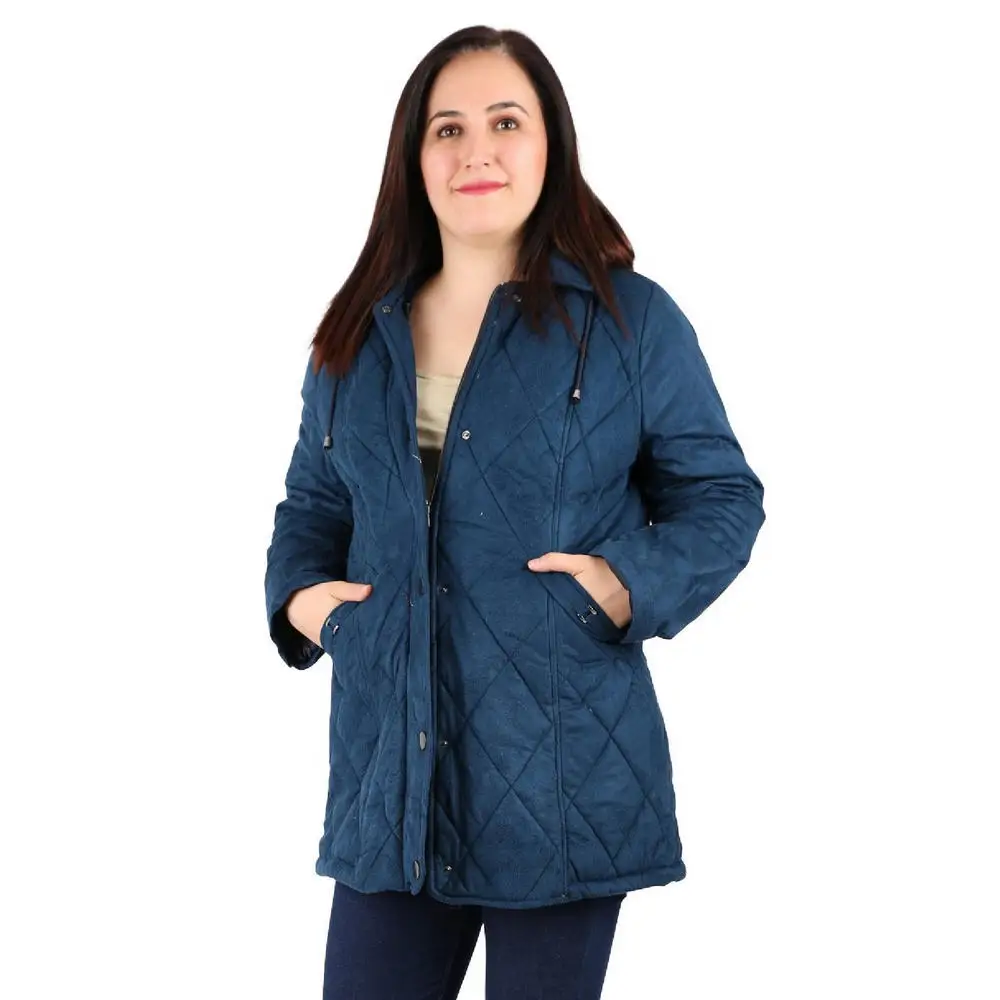 Fierte Women Plus Size Coat Cbn20223 Movable Hood Zipper Snap Closure Long Sleeve Winter Warm Lining Double Pocket Suede Quilted