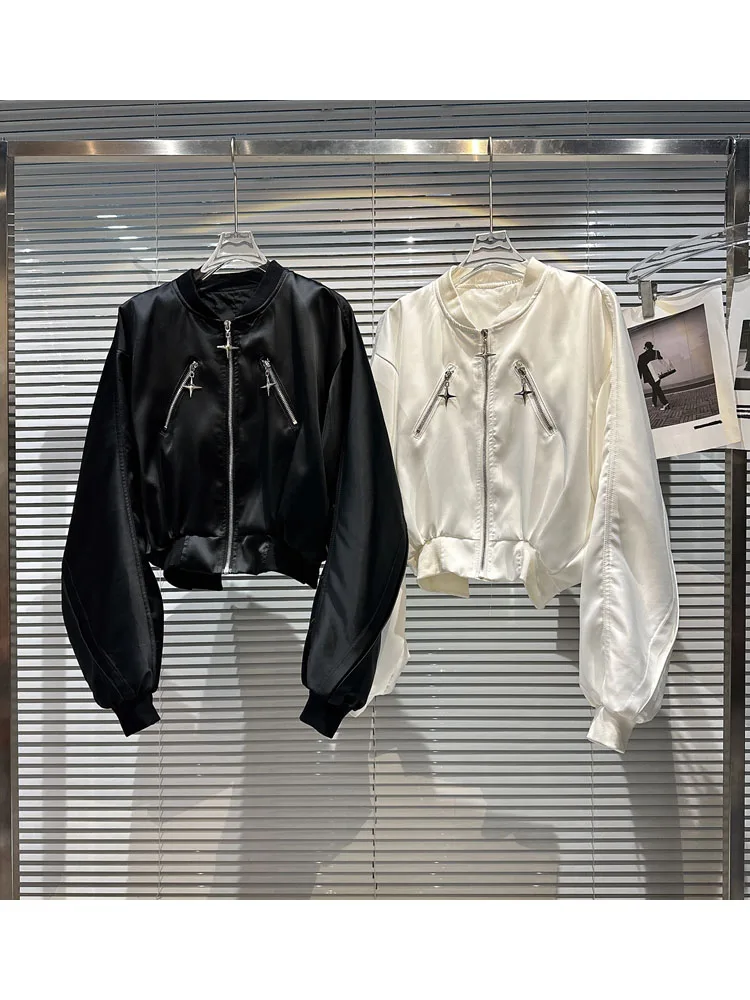 

HIGH STREET Newest Fashion 2023 Spring Designer Jacket Women's Metal Zipper Design Satin Jacket