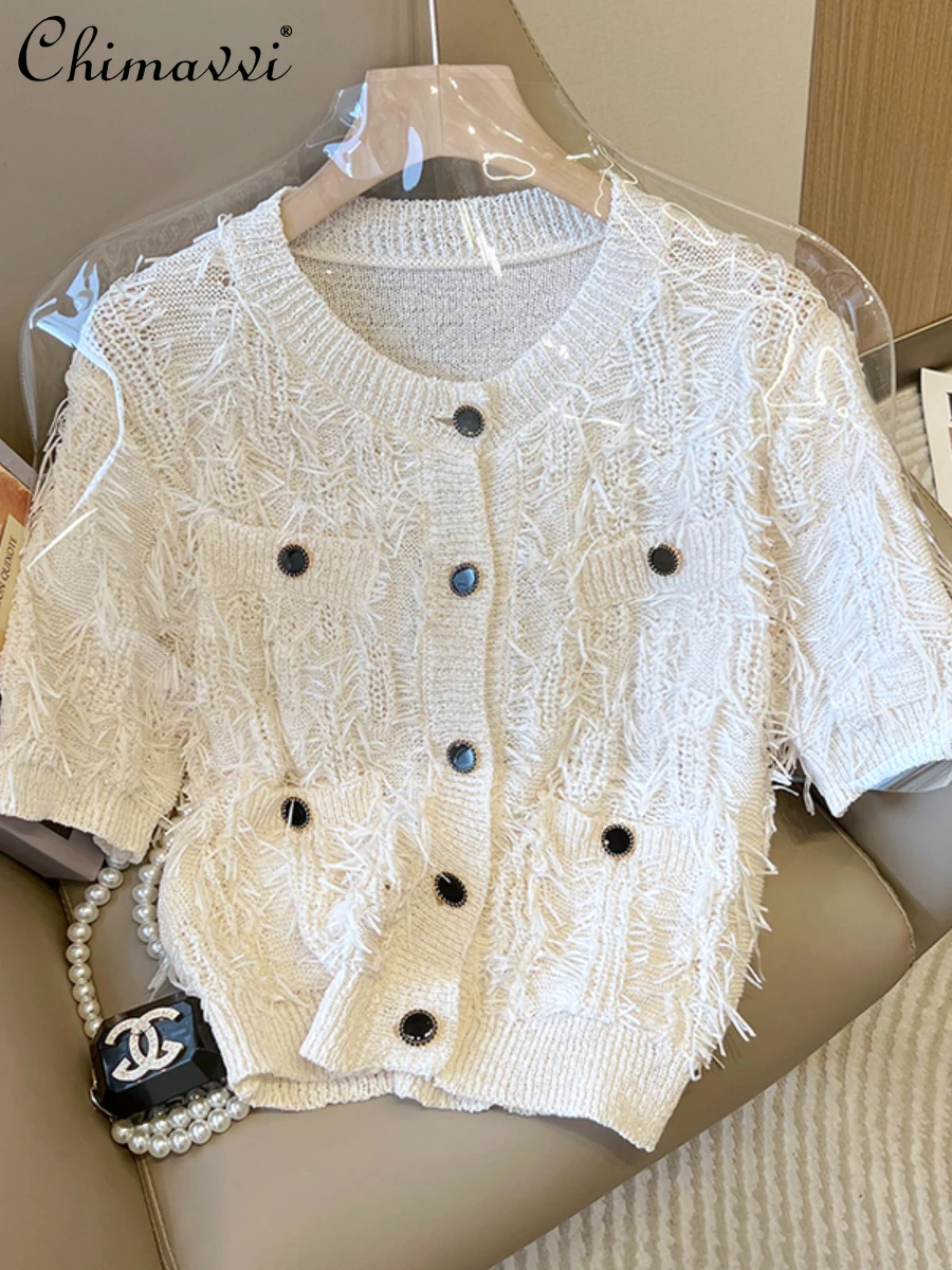 

Korean Fashion Cardigan Women 2022 Summer New Round Neck Short Sleeve Tassel Solid Color Elegant Short Feminine Knitted Tops