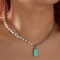 new candy color bear pendent necklace for women imitation pearl chain choker 2022 fashion female jewelry
