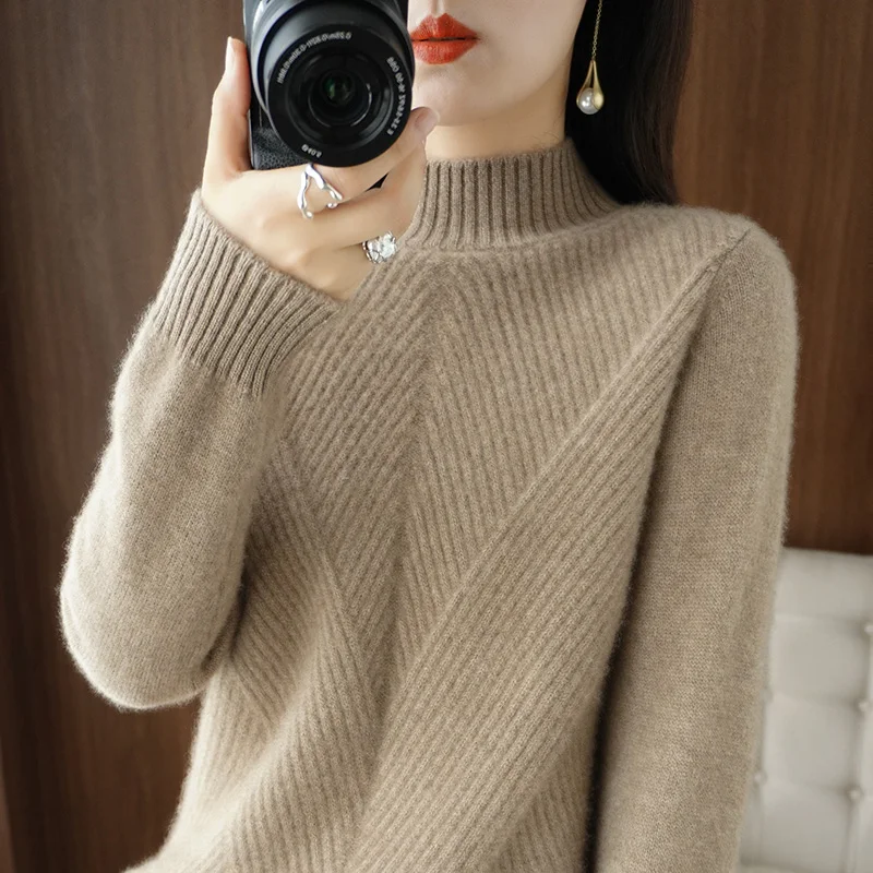 

Женский утепленный кашемировый свитер, свободный Однотонный пуловер с высоким воротником, свитер на осень и зиму, 2022