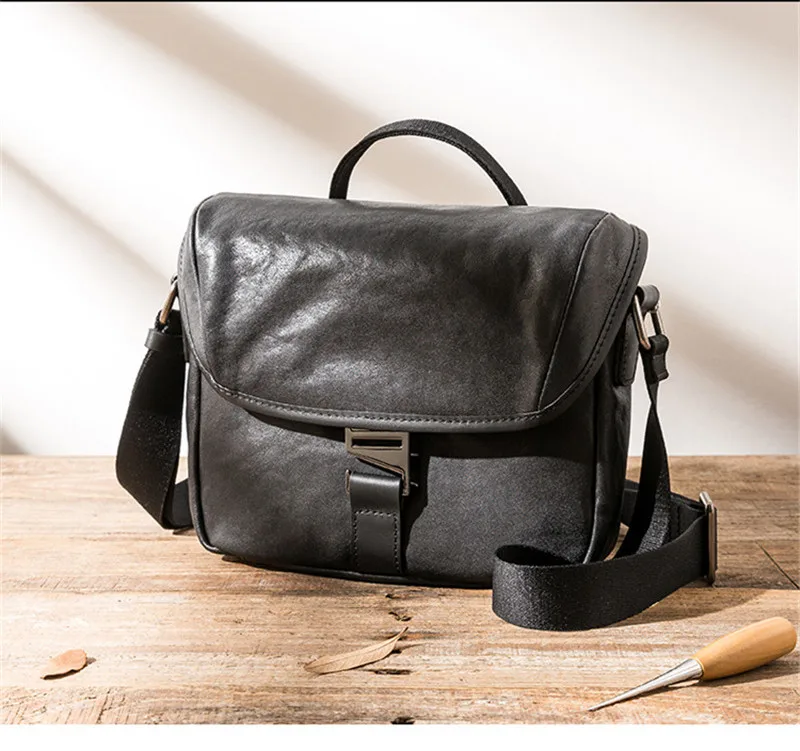 Simple, casual and high-quality natural genuine leather men black handbag outdoor organizer soft cowhide messenger shoulder bag