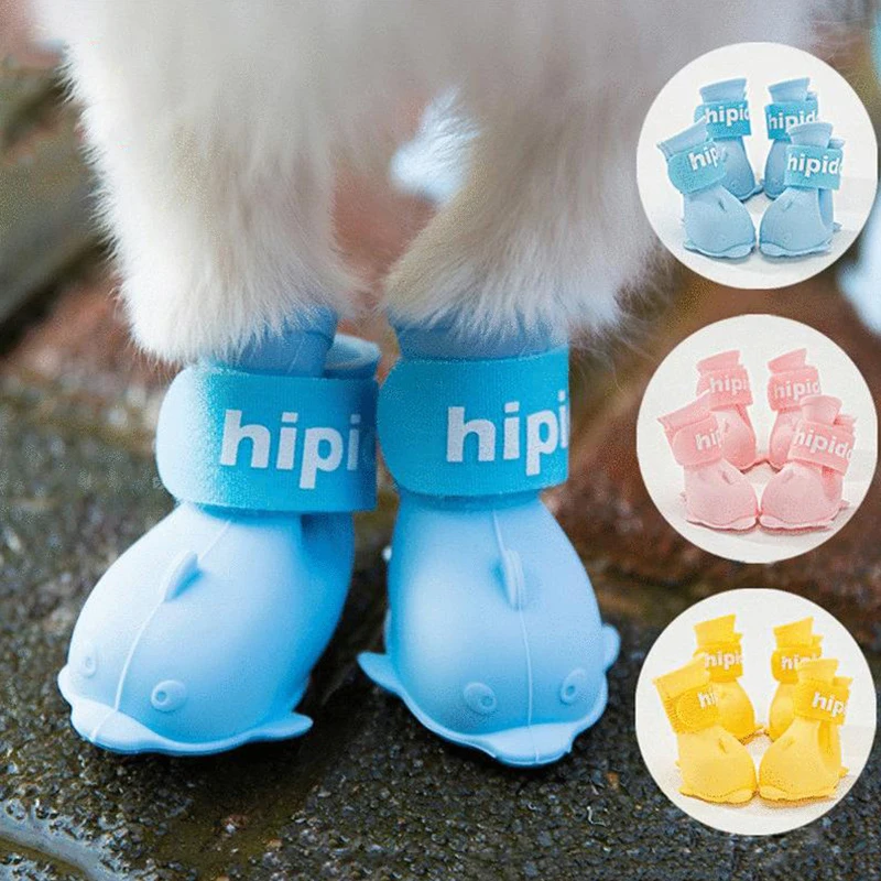 

New Pet Silicone Rain Shoes A Set Of 4 Portable Anti Slip Waterproof Rain Boots Foot Covers Cartoon Dog Shoes Pet Accessories