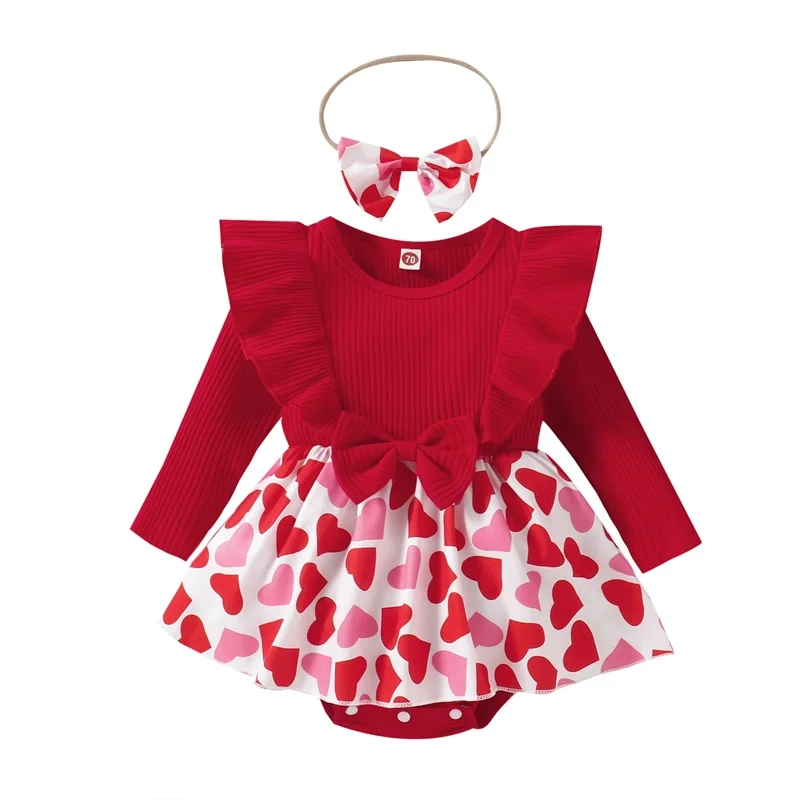 

Baby Girls Valentine’s Day Outfits 0-24 Month Infants Heart Print Red Long Sleeve Skirt Romper with Headband Set for Toddlers