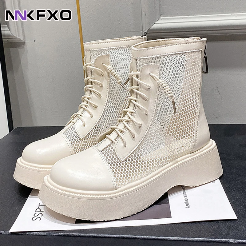 

Summer Breathable Mesh Ankle Boots for Women Fashion Black Beige Lace Up Casual Shoes Woman Flat Platform round Toe Cool Boots