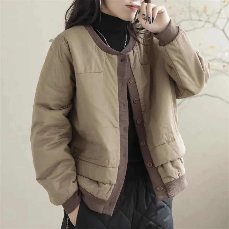 

Cotton-Padded Jacket Female Loose Literary Large Size Cotton Coat Short Winter Overwear Women Autumn New Plaid Joker Tide Tops