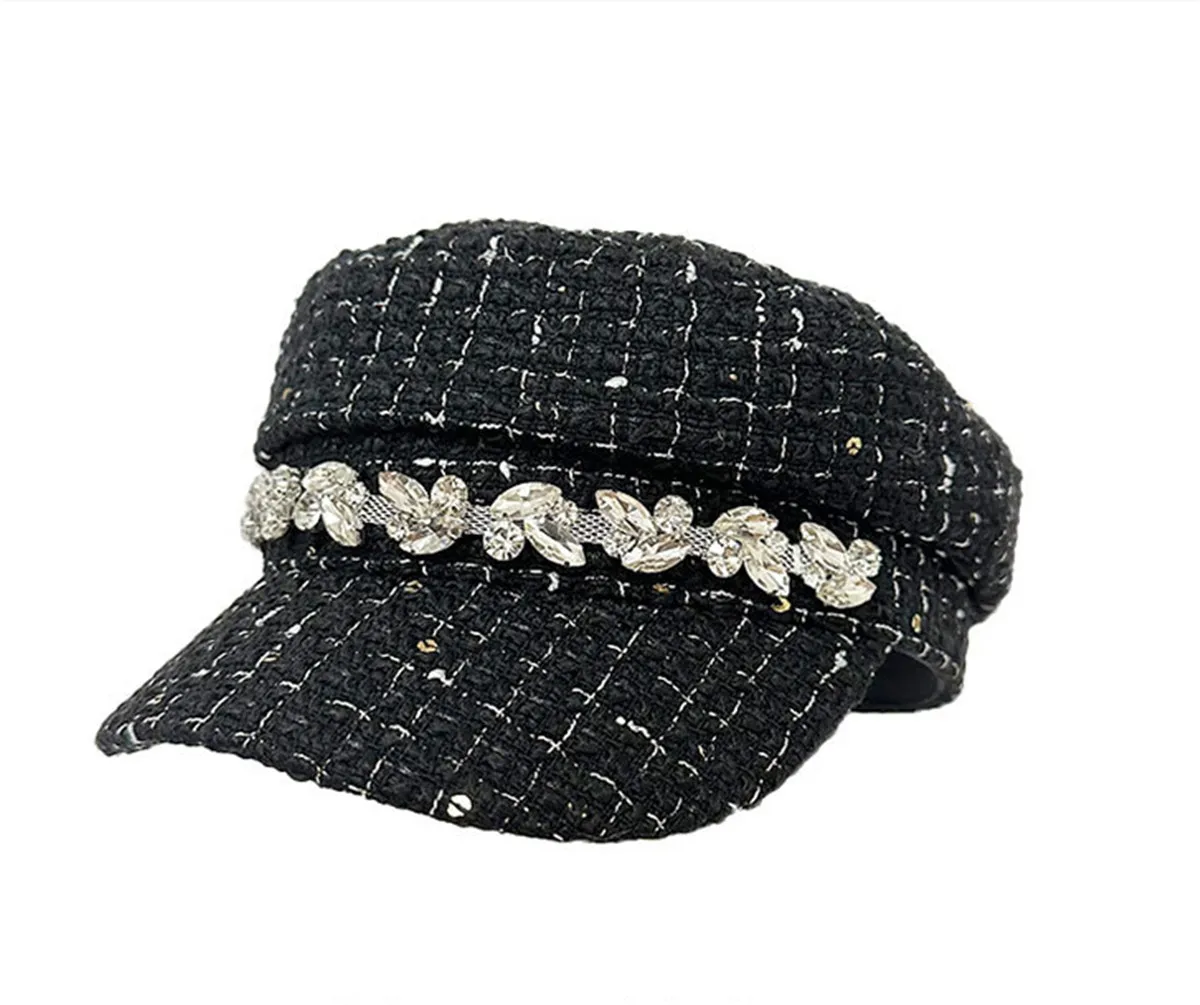 

202308-shi ins chic autumn tweed Shiny drill flower chain plaid lady octagonal hat women leisure visors cap