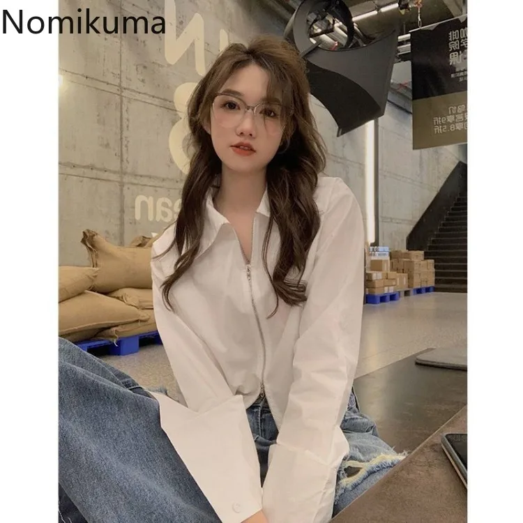 Женская блузка на молнии с длинным рукавом Повседневная Белая Туника в Корейском