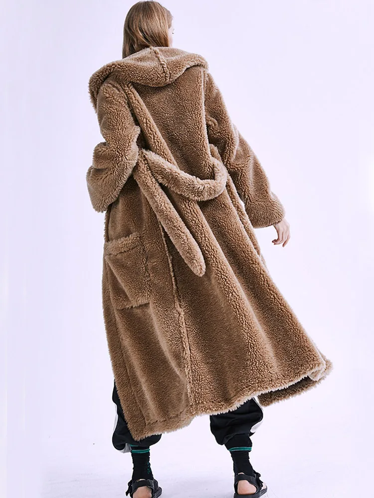 Winter Fashion Thick Warm Blue Long Hooded Fur Coat for Women Elegant Plush Overcoat Ladies Red Faux Fur Jacket Outerwear