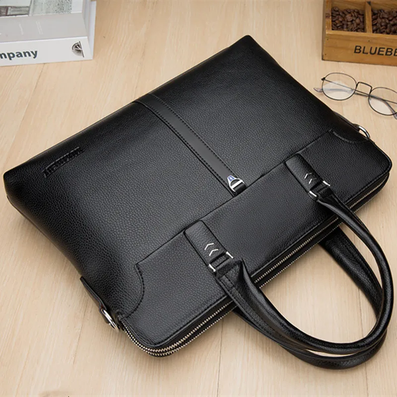 Business Men Double Zipper Briefcase Bag PU Leather Hangbag Office Man Shoulder Messenger Bags Male 14 Inch Laptop Bag