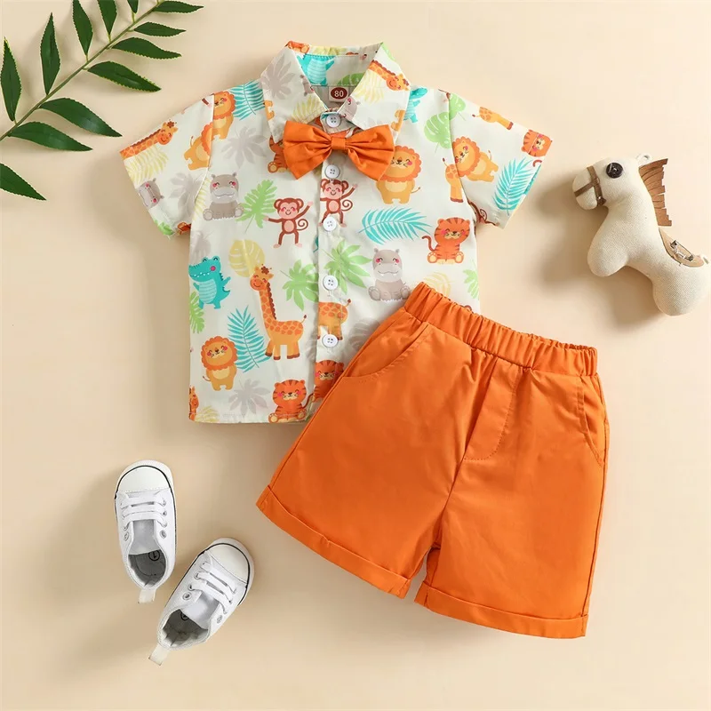 

Baby Boys Clothes Set 2pcs Short Sleeve Button-Down Animals Bow Lapel Blouse Plain Color Short Pants Toddler Summer Casual Set