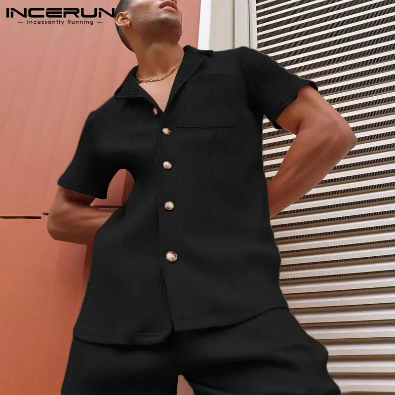 

2022 Fashion Men Sets Solid Color Streetwear Lapel Short Sleeve Shirt & Shorts Two Pieces Loose Men Casual Suits S-5XL INCERUN