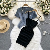 notched blue denim shirts women short sleeve blouse top vintage bodycon ruched black tank dress mini fashion casual sets sexy