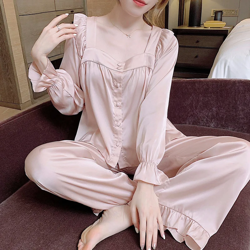 

Ladies Pajamas Long-sleeved Two-piece Suit Ice Silk Thin Section Sleep Tops Two Piece Set Summer Sexy Nightwear