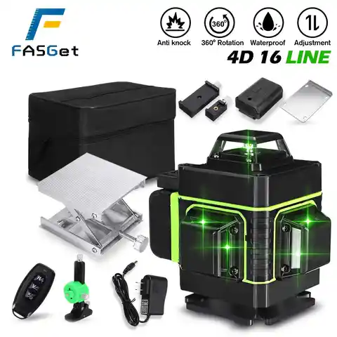 Лазерный уровень FASGet, 16 линий, 4D, зеленый луч, самонивелирующийся на 360 °, горизонтальный и вертикальный крест, супермощный зеленый лазерный ...