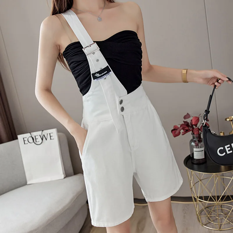 

One Strap Design Streetwear Summer Denim Shorts Women Bermuda Overalls Pocket High Waist Knee Length Wide Leg Jean Ladies Shorts