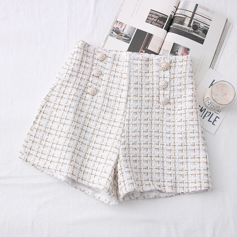 2023 Spring New Fashion Versatile Tweed High Waist Slimming Plaid Double Breasted Shorts Wide Leg Short Pants for Women