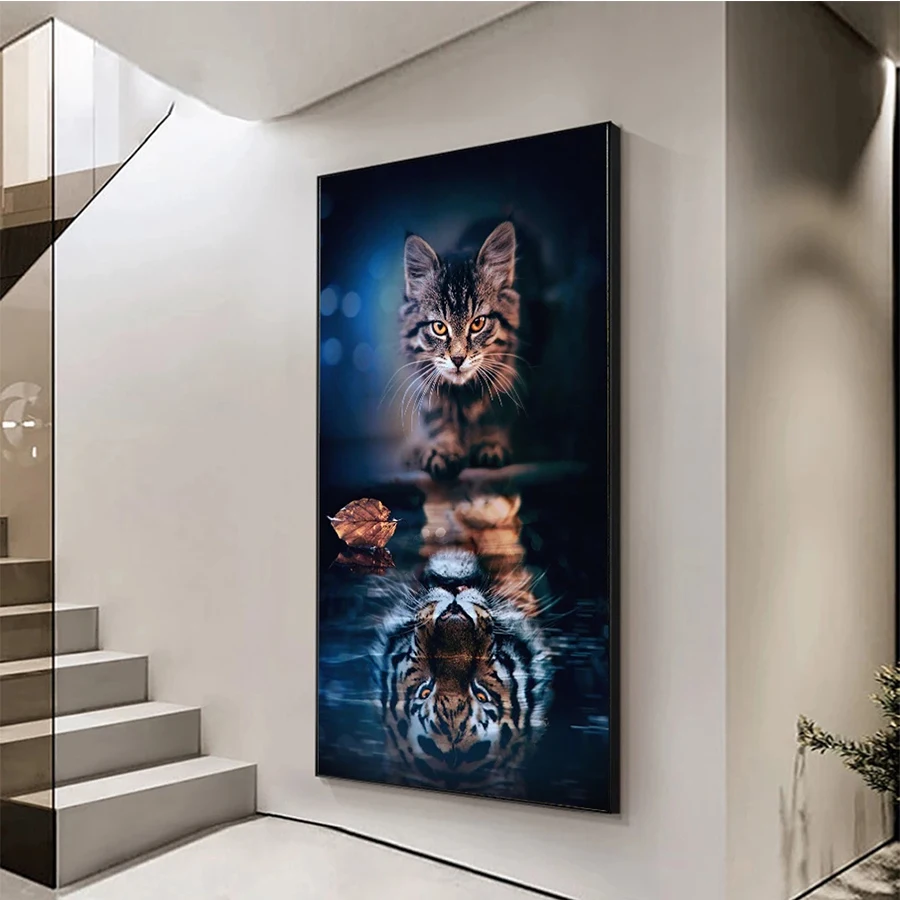 5D Diamond Painting Full Drill Tiger Mosaic Cat's Reflection Embroidery Kits Diy Rhinestones Home Decor Gift | Дом и сад