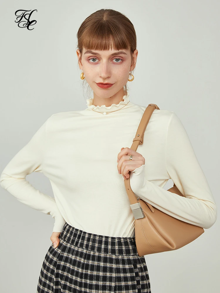 

FSLE Women Half High Collar Bottoming Shirts Wood Ears Knitting Sweaters Tight-fitting Sweater Winter New Solid Pullovers