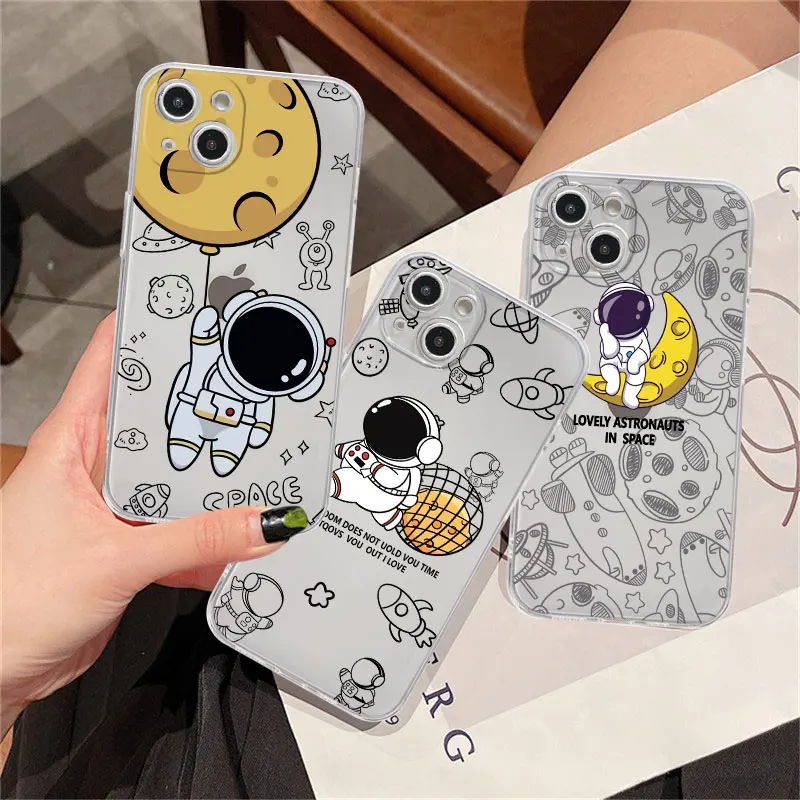 

Clear Case For Apple iPhone 14 11 13 12 Pro 7 8 Plus XR X XS Max 6 6S 13Pro Silicone Phone Cover Cute Cartoon Astronaut