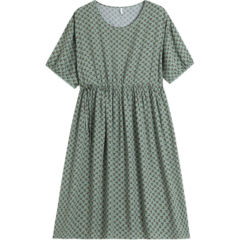 Large Size Nightdress Short Sleeved Cotton Silk Nightdress Retractable Belt Floral Over-the-knee Long Skirt Large Hemline