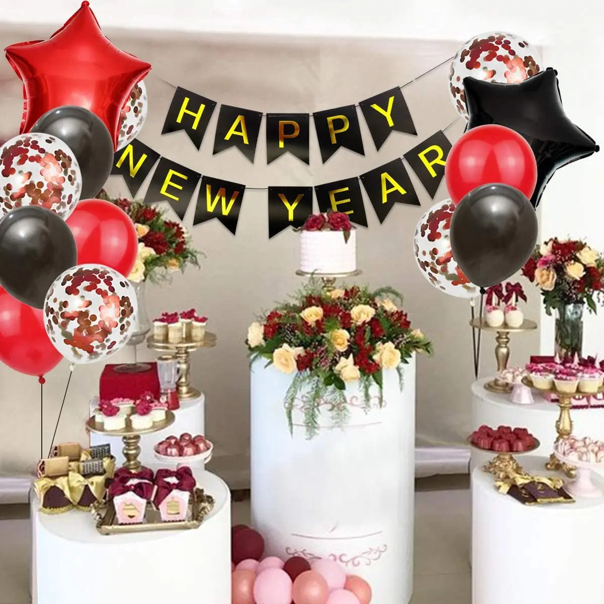 

CHEEREVEAL Happy New Year Decoration Banner Cake Topper 2022 Foil Red Star Confetti Balloon Curtain for New Year Party Supplies