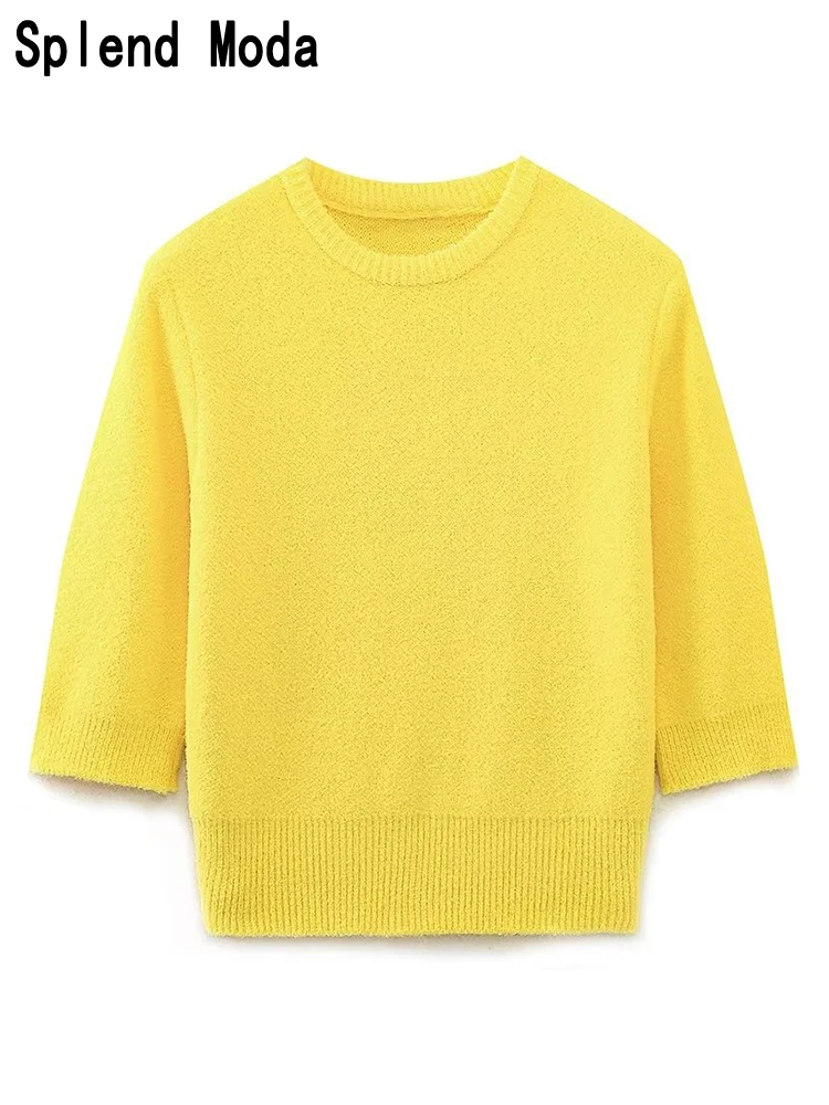 

Женский Повседневный пуловер с коротким рукавом, эластичный вязаный короткий свитер в уличном стиле с круглым вырезом, Облегающие джемперы, осень 2023