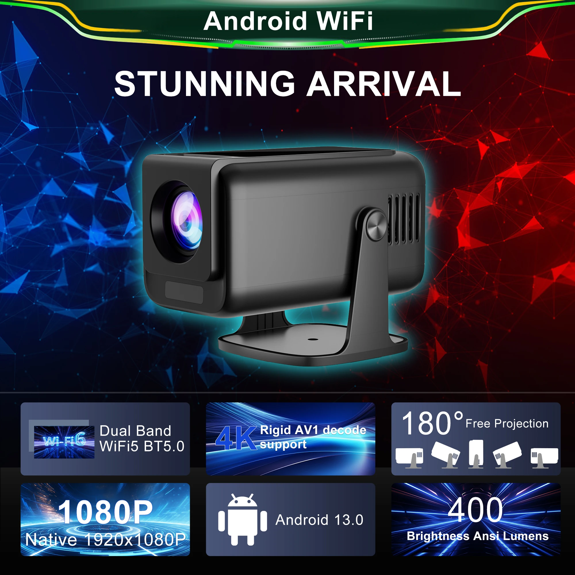 Проектор HP320 1920X1080P Android13 Wi-Fi Умный домашний кинотеатр с ручным фокусом BT 400ANSI