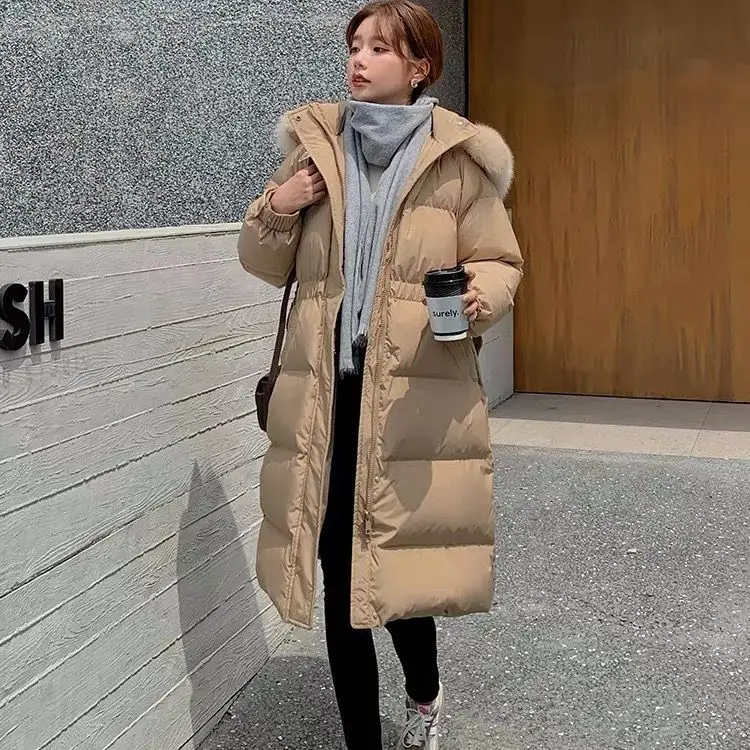 

2022 Women's Winter New Genuine Fur Collar Jackets Female Long White Duck Down Coats Ladies Solid Color Hooded Outerwear E393