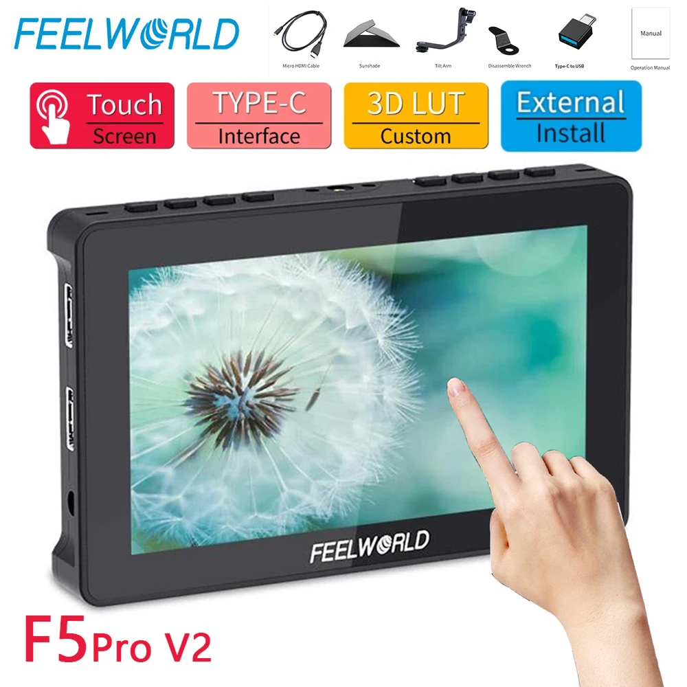 

FEELWORLD F5 Pro V2 Touch Screen Camera Field Monitor 4K HDMI 5.5 Inch Full HD 1920x1080 LCD IPS DSLR Monitor with Type-C