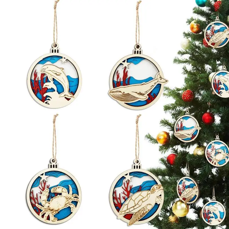 Merry Christmas Wooden Pendant 4pcs Cute Christmas Tree Decoration Ocean Animal Figures Round Cartoon Wood Plan Pendant Kids Toy