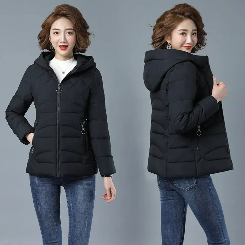Short Women's Parka 2022 New Autumn Winter Padded Jackets Slim Waist Long Sleeve Hooded Collar Zipper Warm Casual Down Coats Top