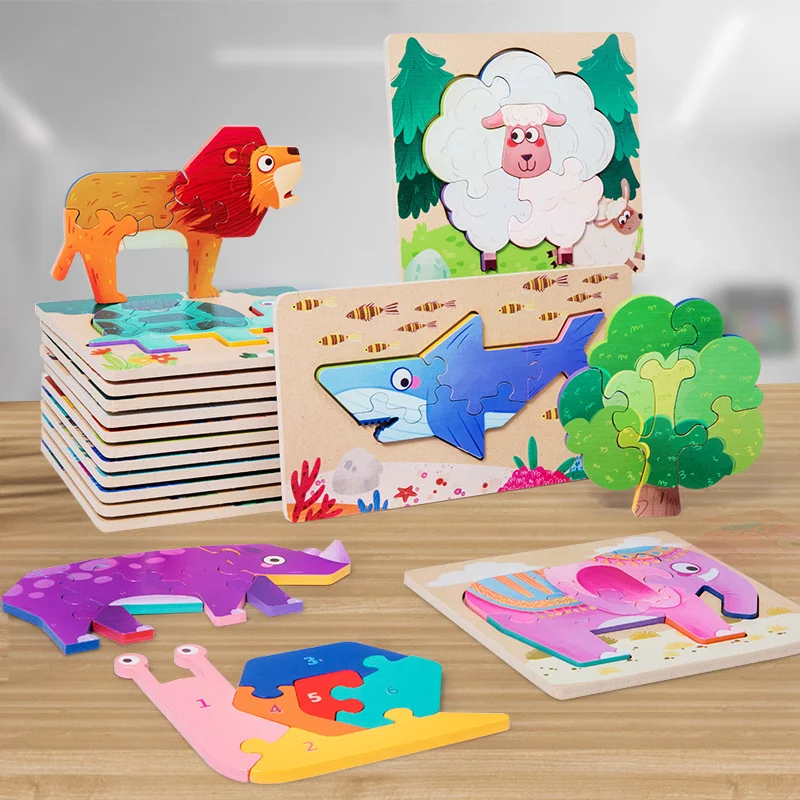 

Cartoon Animal Three-dimensional Wooden Puzzle DIY Learning Montessori Toys Educational Building Jigsaw Birthday Gift