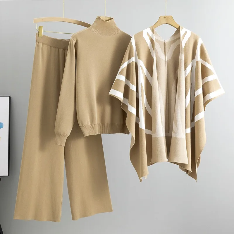 Элегантный вязаный костюм-тройка осенне-зимний топ и широкие брюки повседневный