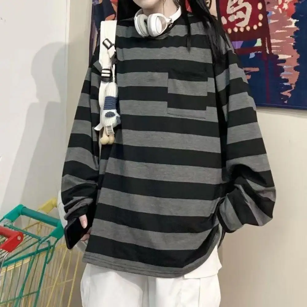 

Осенняя полосатая футболка с круглым вырезом в полоску в стиле Харадзюку, Свободный Повседневный весенний женский и мужской топ с длинным р...