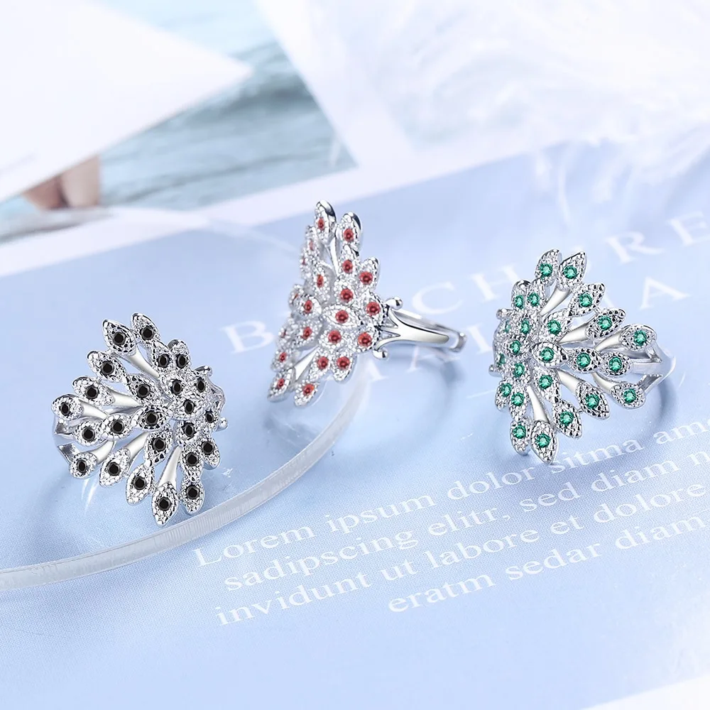 

925 Stamp Silver Color Diamond Peacock Open Screen Adjustable Open Finger Rings For Women Girls Wedding Anelli Party Jewelry