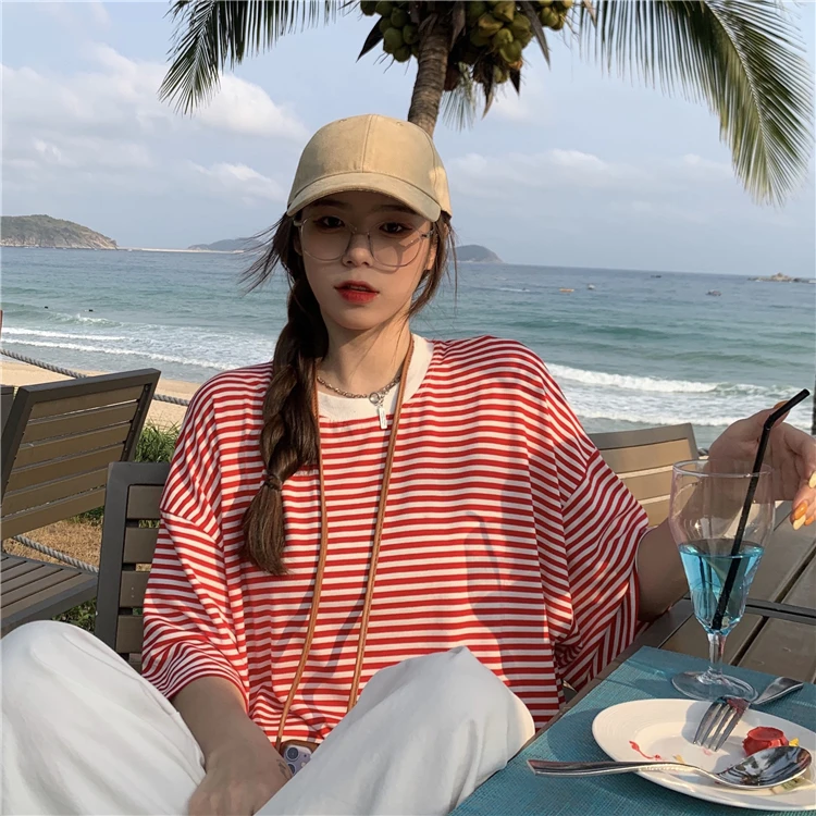 Женская футболка в полоску корейского стиля свободная одежда с коротким рукавом