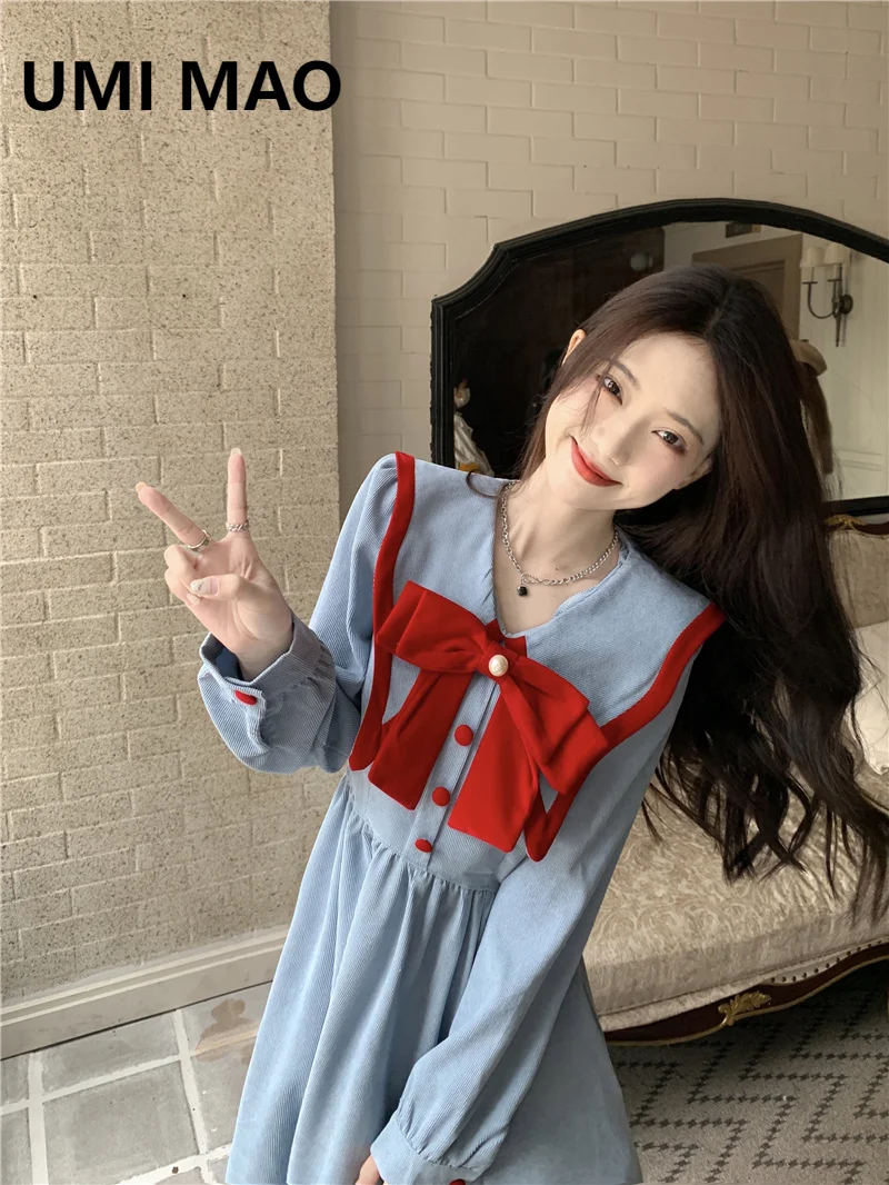 Женское вельветовое платье с бантом и длинным рукавом