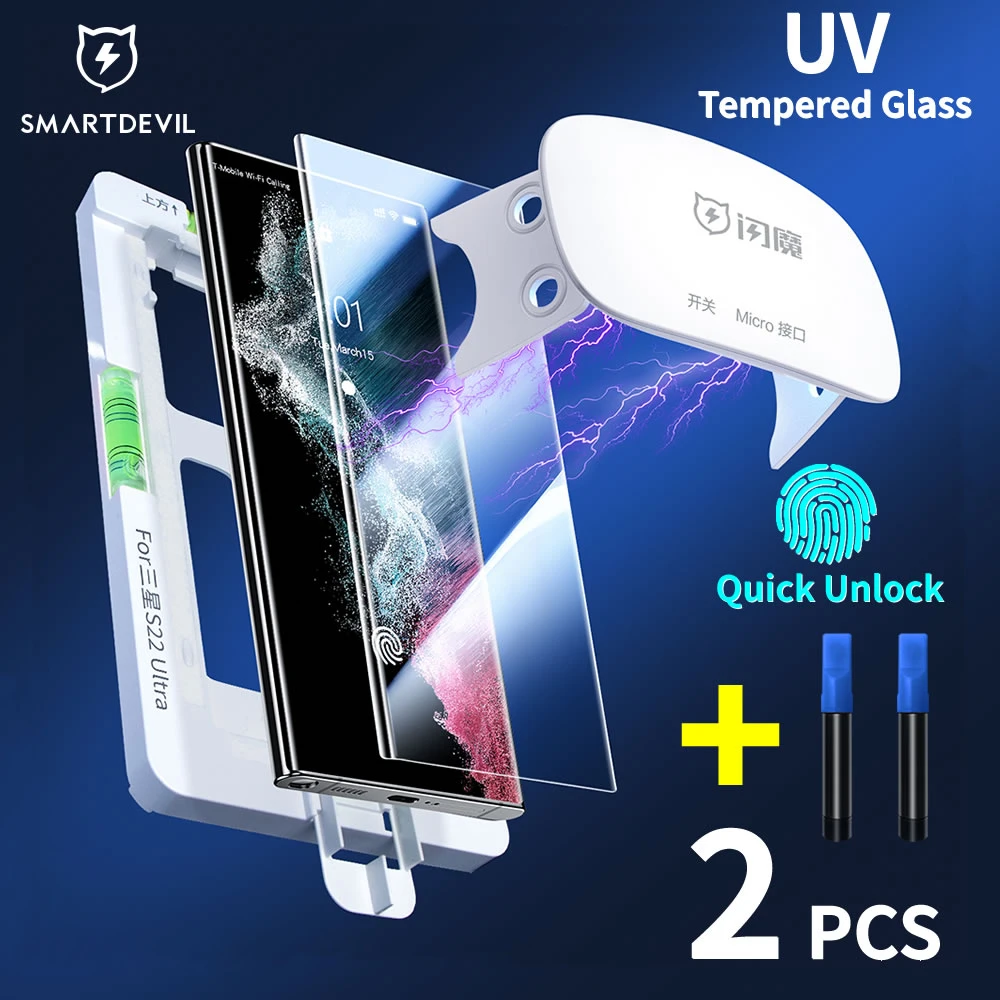 SmartDevil tam tutkal UV temperli cam Samsung Galaxy S22 Ultra UV tamamen yapıştırılmış ekran koruyucu hızlı kilidi yüklemek aracı