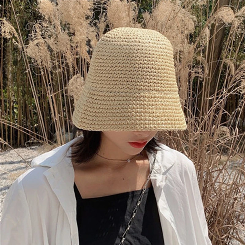 

Handmade Crochet Floppy Top Summer Hats Collapsible Dome Bucket Hat Hollow Out Solid Color Beach Caps Simplicity Soft Women Hat