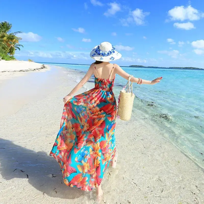 

Шифоновое платье на бретелях, новое летнее пляжное платье с цветочным принтом, длинное платье для отдыха на море и путешествий, 2022