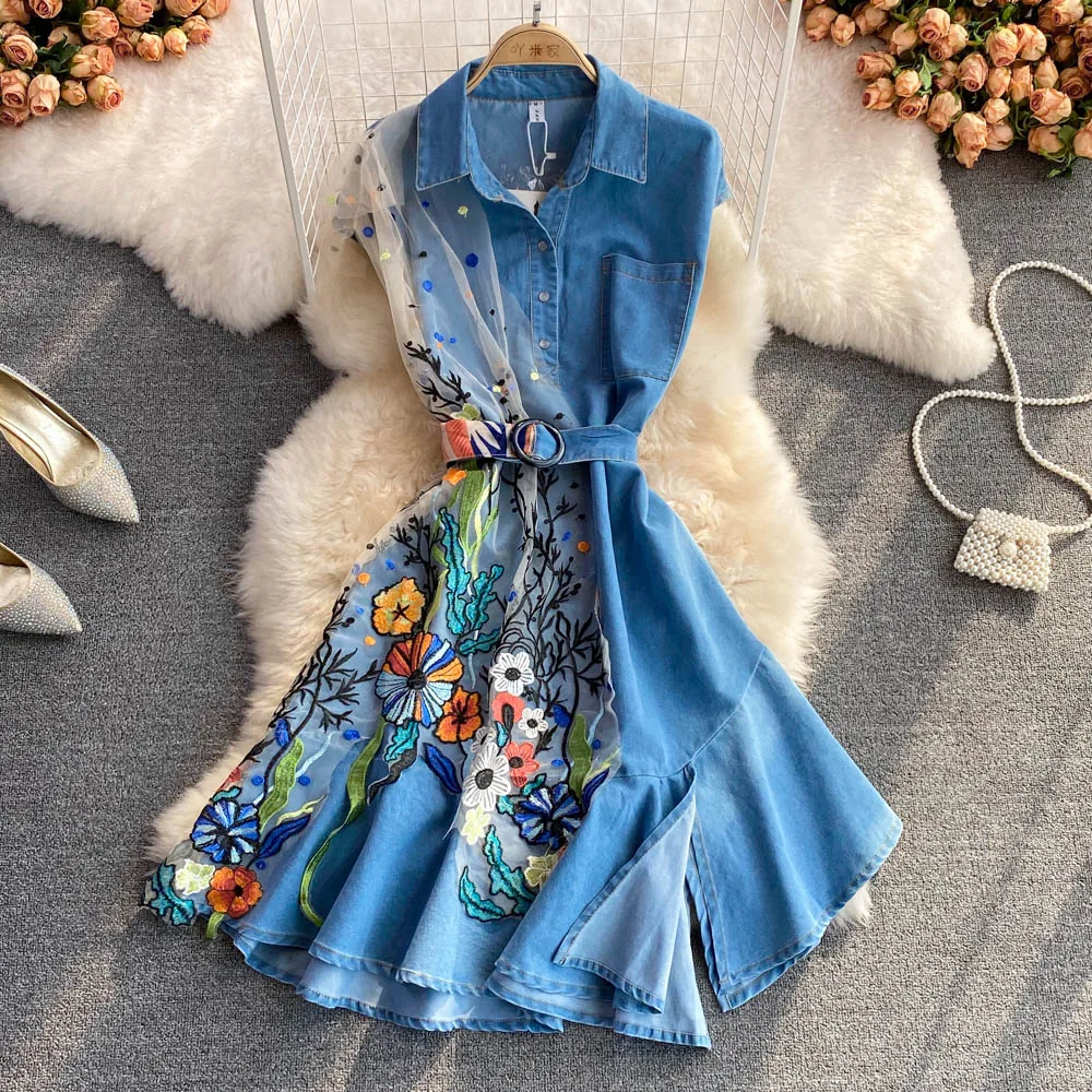 

Women Summer Retro Waist Slim Mesh Stitching Ruffled A-line Denim Dress New Fashion Sleeveless Clothing Korean Vestidos D992