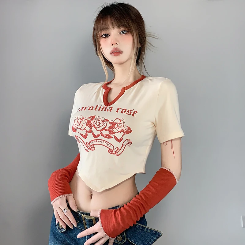 

#Sisjuly# American fashion retro spice girl rose print slim fit T-shirt women ins tidal band sleeve blouse