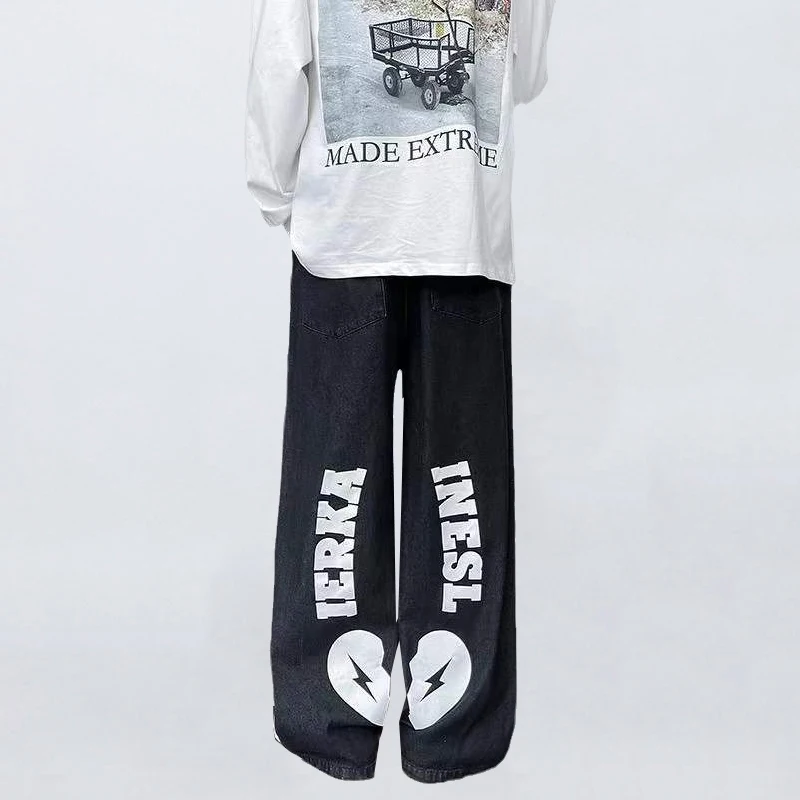 

Four Seasons Light Blue Love Print Design American Hip Hop Pants Loose Straight High Street Men's Streetwear Ins Hot Sale JEANS