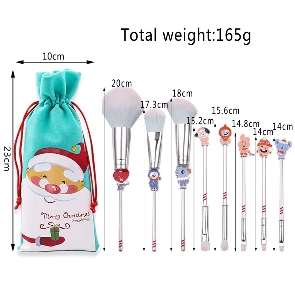 

8pcs Cute Cartoon Santa Hat Eyeshadow Brush Loose Powder Blush Brush Metal Makeup Brush Set Creative Christmas Gift